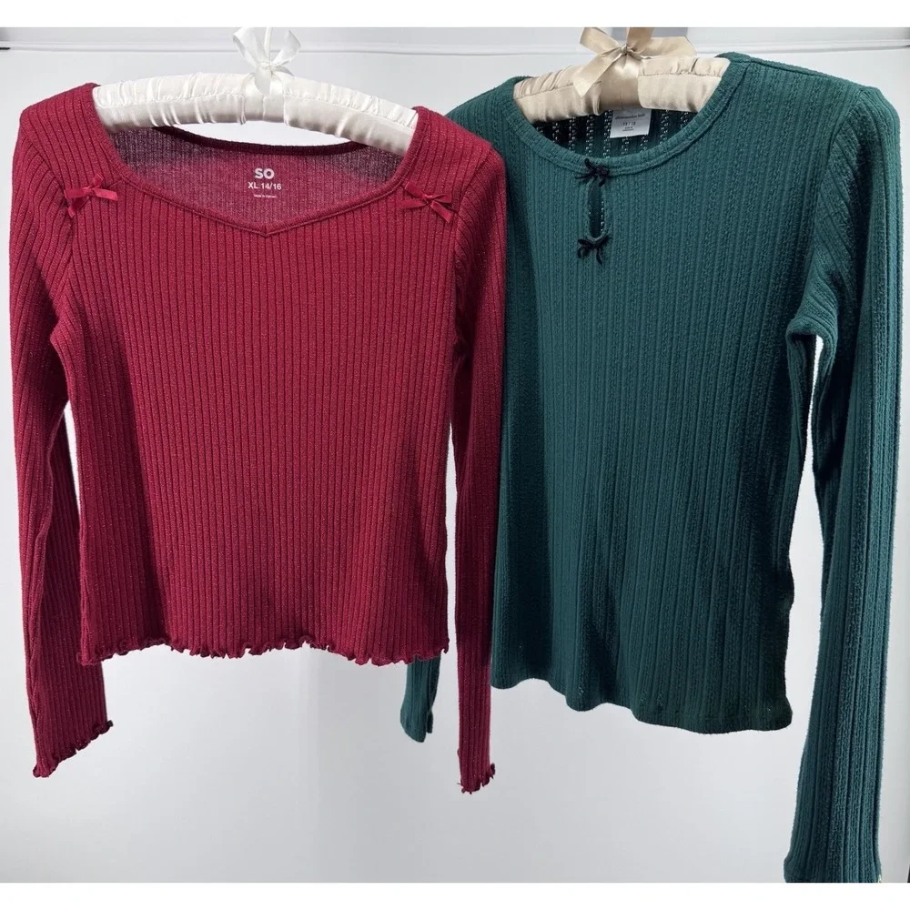 Lot of 2 Girls XL 14/16 Holiday Rib Knit Tops SO Abercrombie Kids Red Green